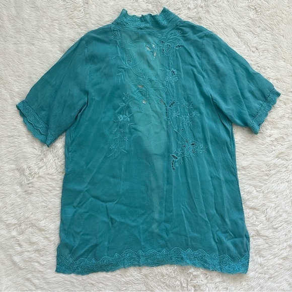 Johnny Was Top Kimono Short Sleeve Tie Front Embroidered Light Blue L - Picture 2 of 11